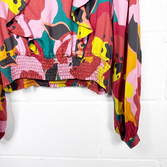 Marine Layer Top Floral Ruffle Smocked Hem Blouse Size Large - Picture 6 of 11